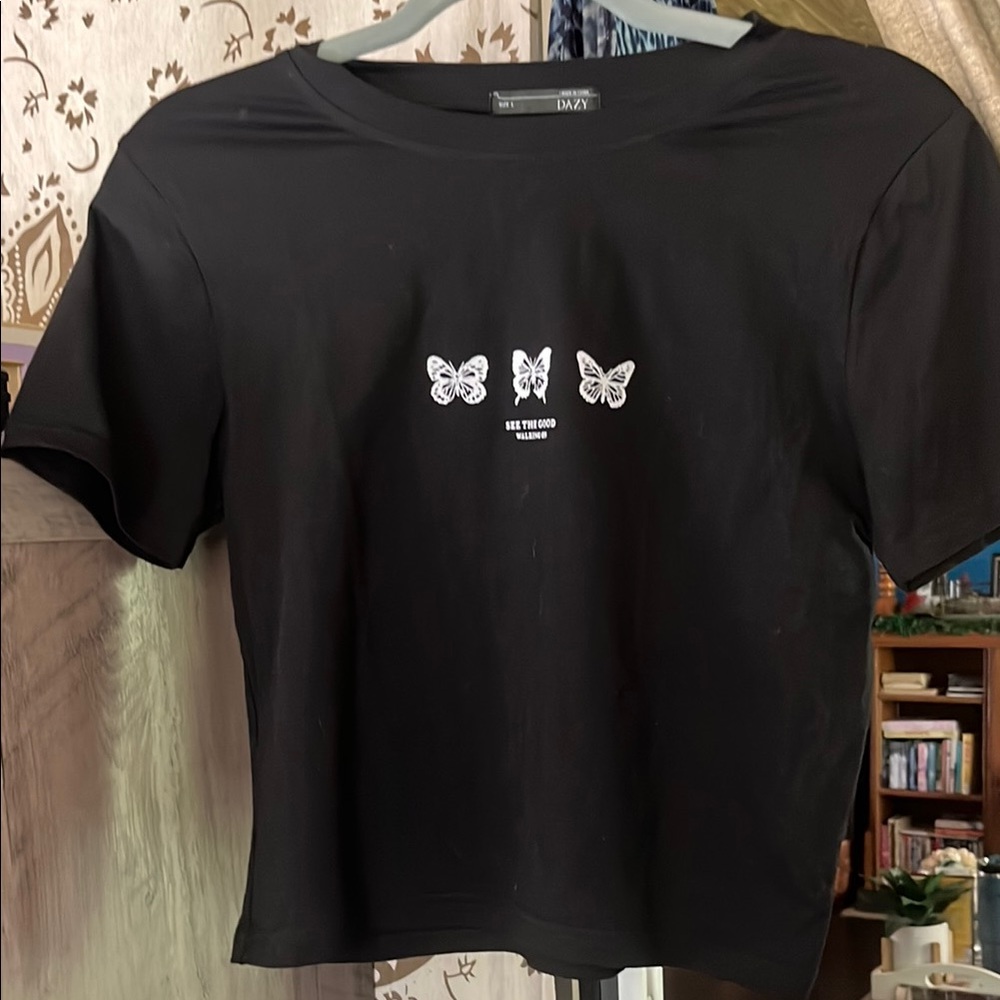 Black Short Sleeve Tee with Butterfly Accents